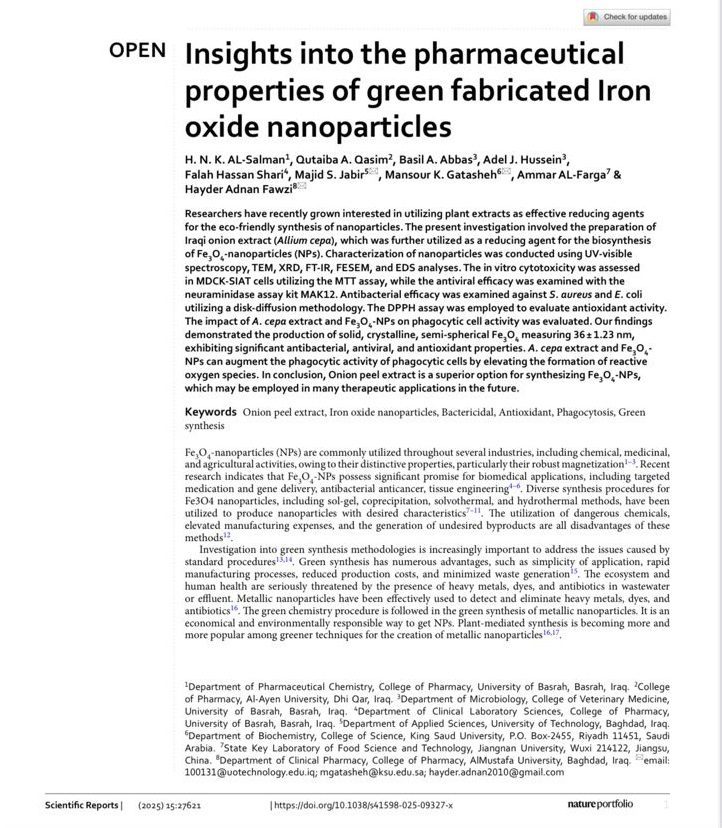 الأستاذ الدكتور فلاح حسن شري ينشر بحثاً في مجلة Scientific Reports – Nature حول الخصائص الدوائية للجسيمات النانوية الخضرية